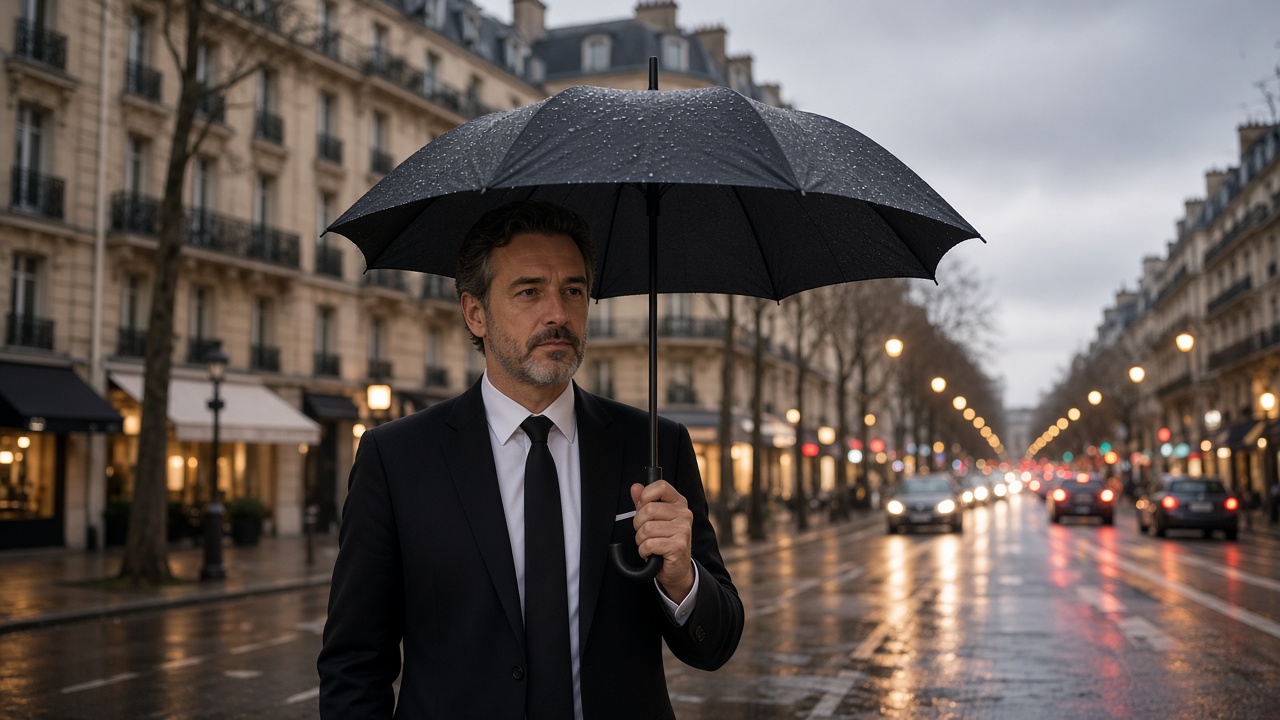 Chauffeur privé en costume sur un boulevard parisien